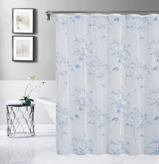 72" White And Blue Floral Shower Curtain