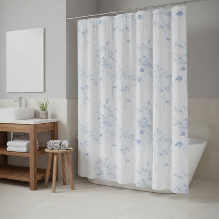 72" White And Blue Floral Shower Curtain