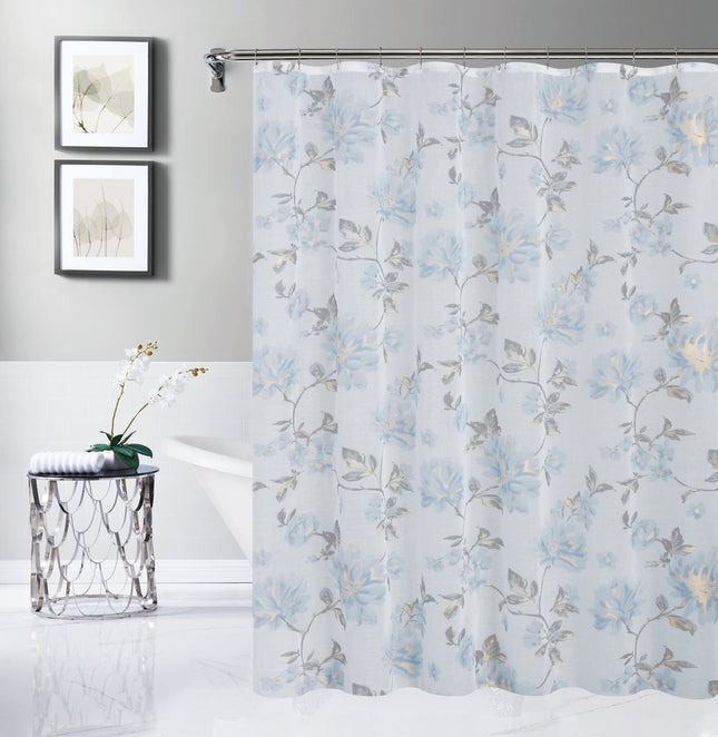 72" White Gray And Blue Floral Shower Curtain