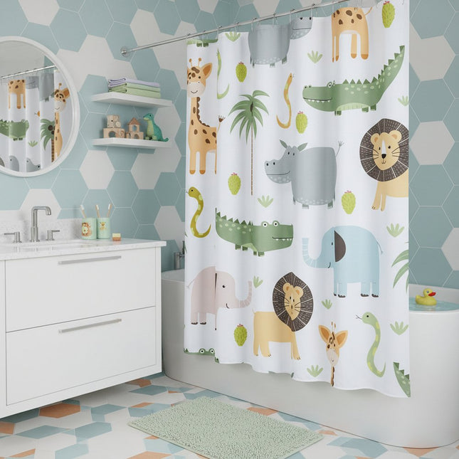 72" Blue Green And White Youthful Animal Print Shower Curtain