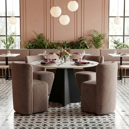 Taupe and Brown Upholstery Dining Side Chair With Wheels