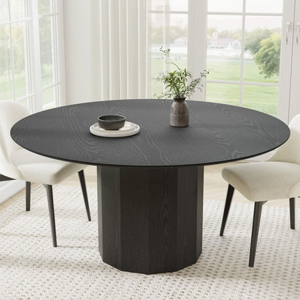 60" Black Solid Wood Pedestal Base Round Top Dining Table