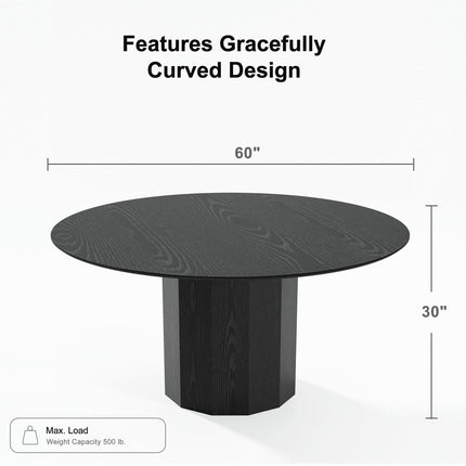 60" Black Solid Wood Pedestal Base Round Top Dining Table