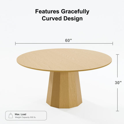 60" Oak Wood Pedestal Base Round Top Dining Table