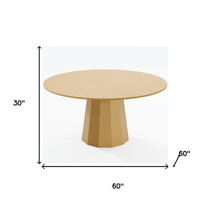 60" Oak Wood Pedestal Base Round Top Dining Table