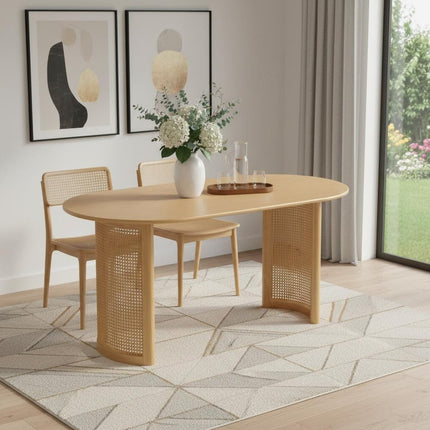 Wood With Rattan Double Pedestal Base Oval Dining Table