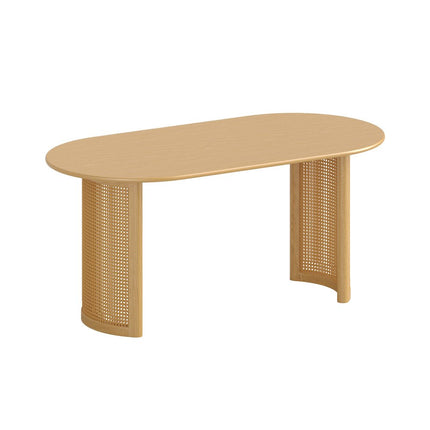 Wood With Rattan Double Pedestal Base Oval Dining Table