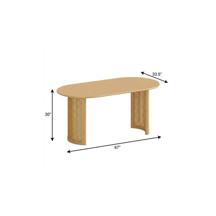 Wood With Rattan Double Pedestal Base Oval Dining Table