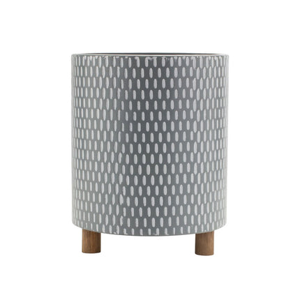 Set of Three Blue White And Gray Wood And Metal 58 Ounce Geometric Round Pot Planters