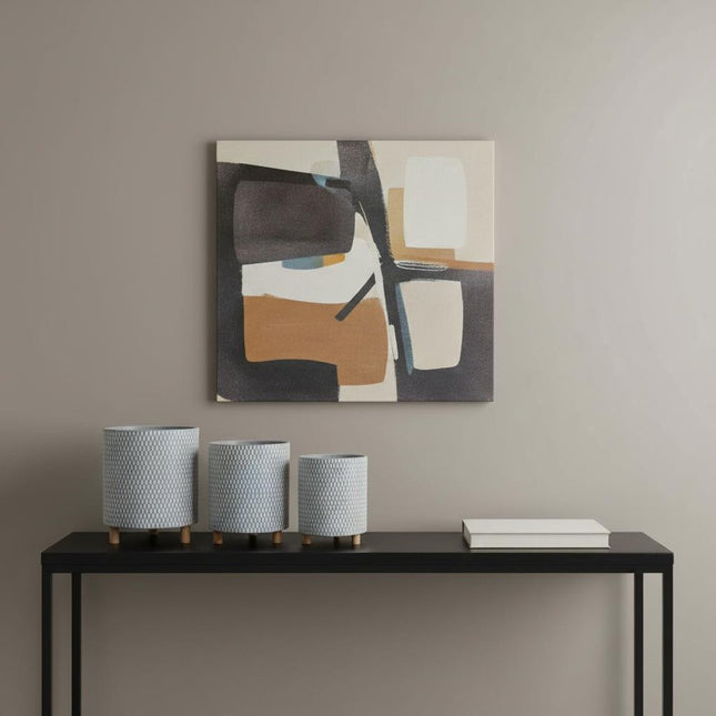 Set of Three Blue White And Gray Wood And Metal 58 Ounce Geometric Round Pot Planters