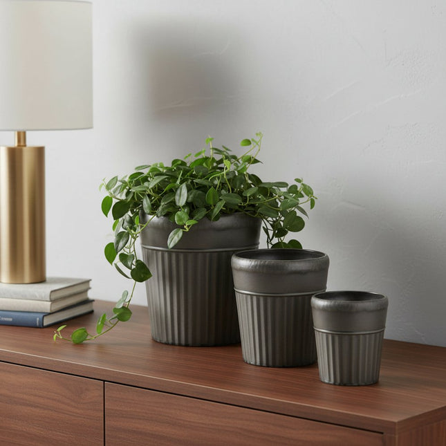 Set of Three Pewter Metal 12 Ounce Round Pot Planters