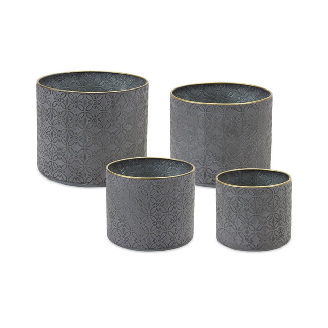 Set of Four Gray Metal 22 Ounce Geometric Round Distressed Pot Planters