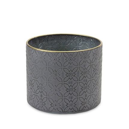 Set of Four Gray Metal 22 Ounce Geometric Round Distressed Pot Planters