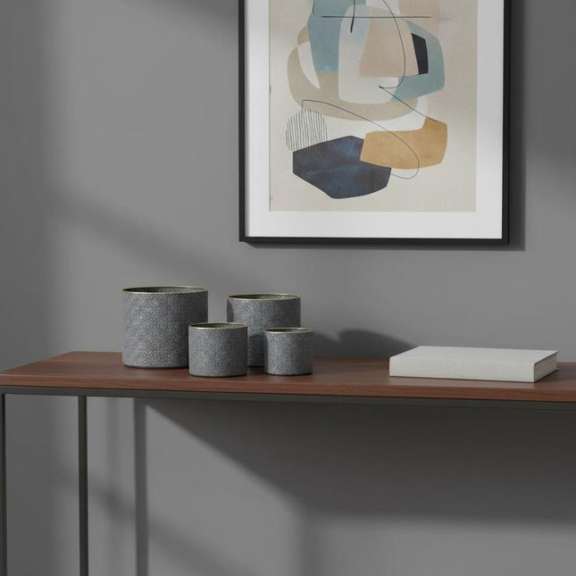 Set of Four Gray Metal 22 Ounce Geometric Round Distressed Pot Planters