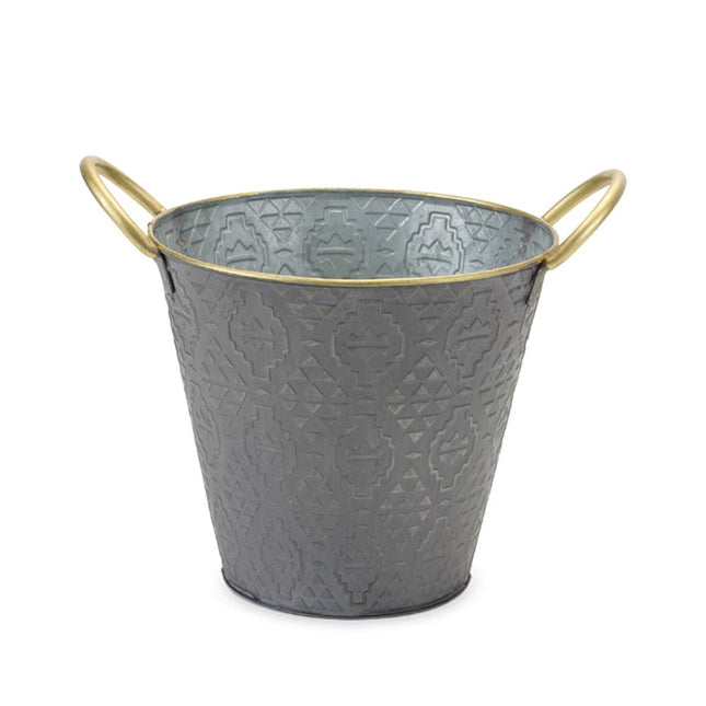 Set of Three Gold And Gray Metal 48 Ounce Geometric Round Distressed Pot Planters