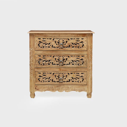 30" Brown Solid Wood Square Distressed Carved Floral Three Drawer Nightstand