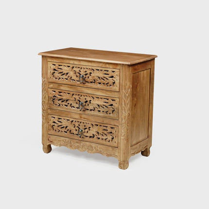 30" Brown Solid Wood Square Distressed Carved Floral Three Drawer Nightstand