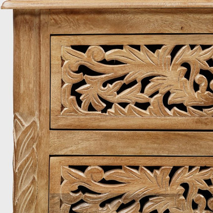 30" Brown Solid Wood Square Distressed Carved Floral Three Drawer Nightstand