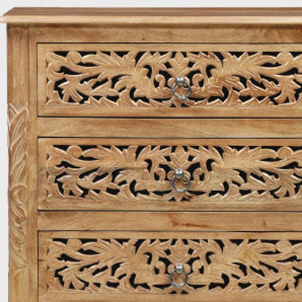 30" Brown Solid Wood Square Distressed Carved Floral Three Drawer Nightstand