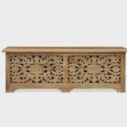 52" Brown Solid Wood Floral Storage Ottoman