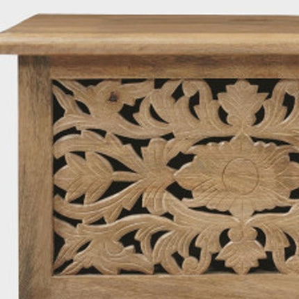 52" Brown Solid Wood Floral Storage Ottoman