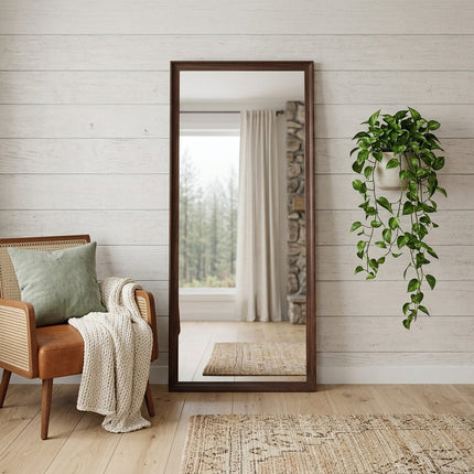71" Burnished Brown Wood Square Wall Mounted And Leaning Framed Full Length Mirror