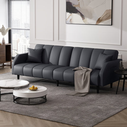 Leather Futon Sofa Bed Couch, Piano Key Design 78" Queen Futon Set, Adjustable Backrest