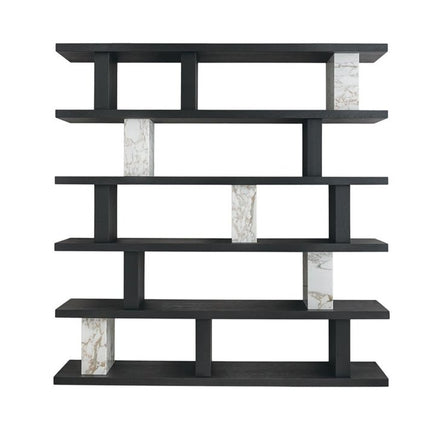 71" Black And White Wood And Faux Marble Five Tier Geometric Bookcase