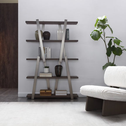 71" Gray And Silver Stainless Steel and Wood Four Tier Geometric Bookcase