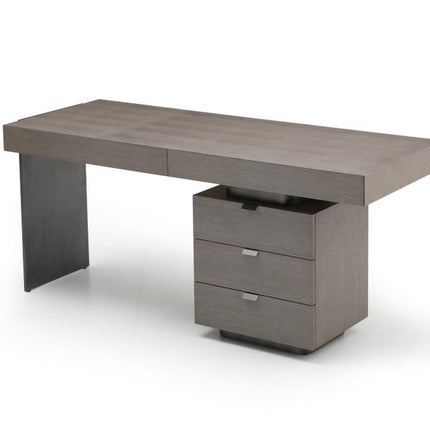 71" Gray Wood and Stainless Steel Computer Desk With Five Drawers