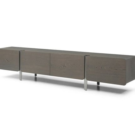 95" Ash Gray And Nickel Wood And Stainless Steel Enclosed Storage TV Stand