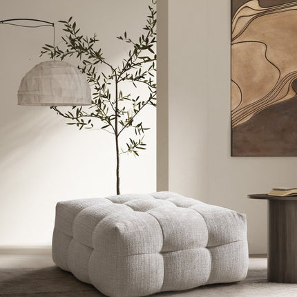 36" Beige and Black Chenille Tufted Pouf Ottoman