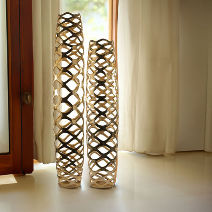 47" Gold Aluminum Pierced Geometric Cylinder Floor Vase