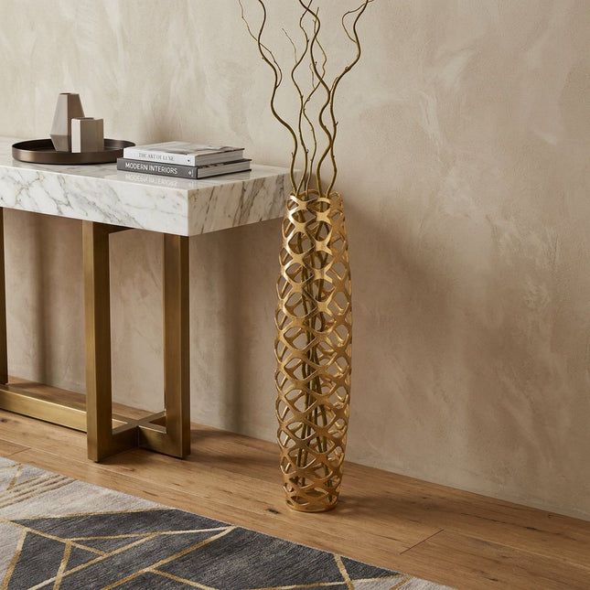 39" Gold Aluminum Pierced Geometric Cylinder Floor Vase