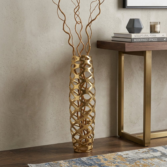 31" Gold Aluminum Pierced Geometric Cylinder Floor Vase