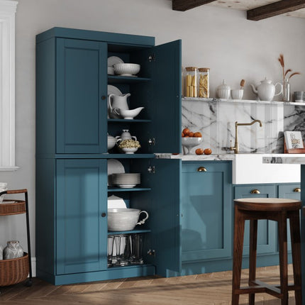 72" Teal Blue Solid Wood Four Door Pantry Or Storage Closet