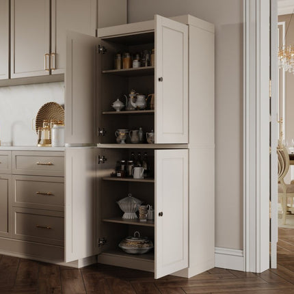 72" Beige Solid Wood Four Door Pantry Or Storage Closet