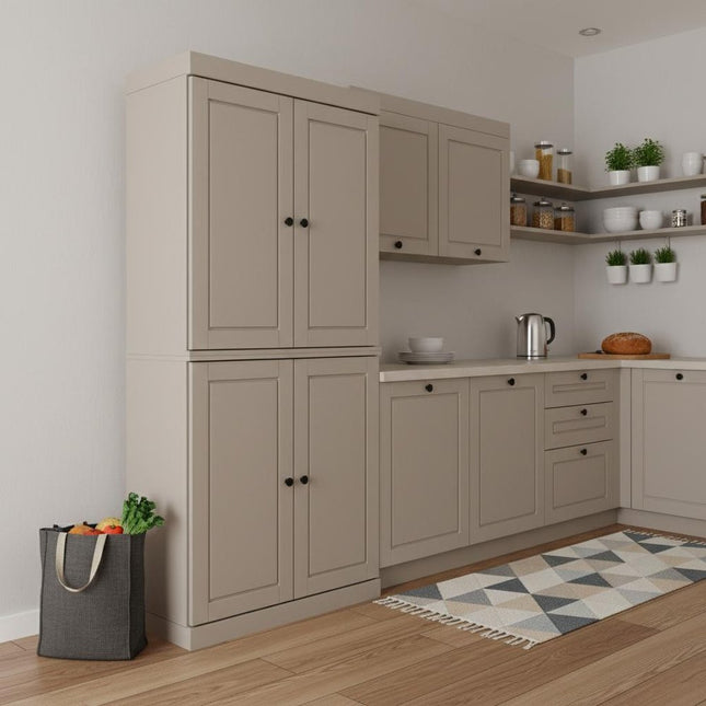 72" Beige Solid Wood Four Door Pantry Or Storage Closet
