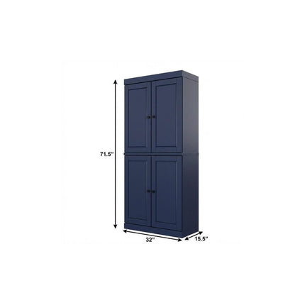 72" Navy Blue Solid Wood Four Door Pantry Or Storage Closet