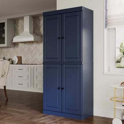 72" Navy Blue Solid Wood Four Door Pantry Or Storage Closet