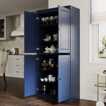 72" Navy Blue Solid Wood Four Door Pantry Or Storage Closet