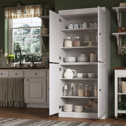 72" White Solid Wood Four Door Pantry Or Storage Closet