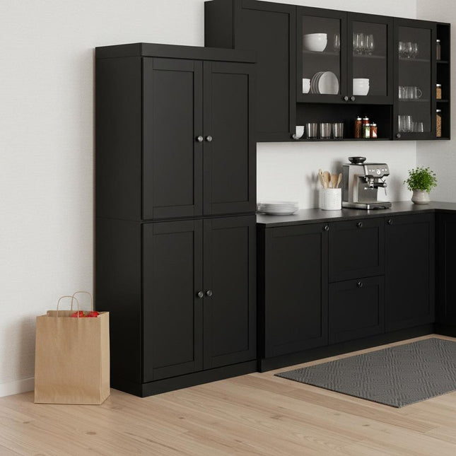 72" Black Solid Wood Four Door Pantry Or Storage Closet