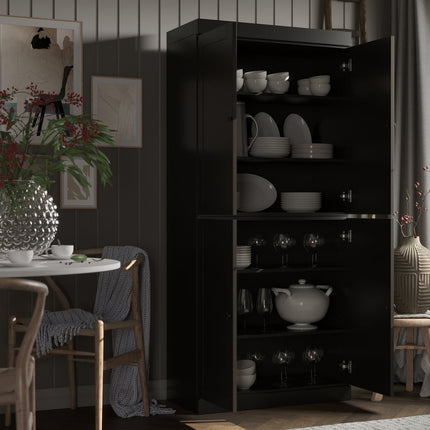 72" Black Solid Wood Four Door Pantry Or Storage Closet