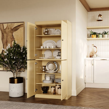 72" Yellow Solid Wood Four Door Pantry Or Storage Closet