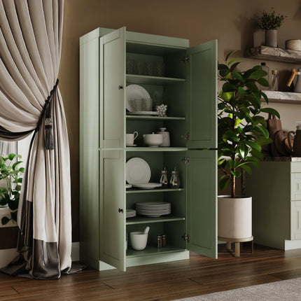 72" Sage Solid Wood Four Door Pantry Or Storage Closet