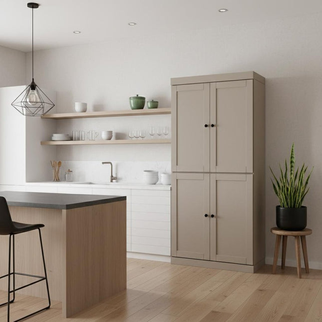 72" Beige Solid Wood Four Door Pantry Or Storage Closet