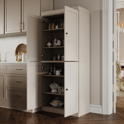 72" Beige Solid Wood Four Door Pantry Or Storage Closet