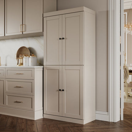 72" Beige Solid Wood Four Door Pantry Or Storage Closet