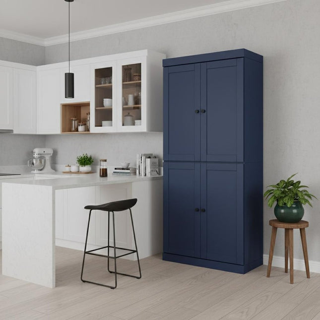 72" Navy Blue Solid Wood Four Door Pantry Or Storage Closet